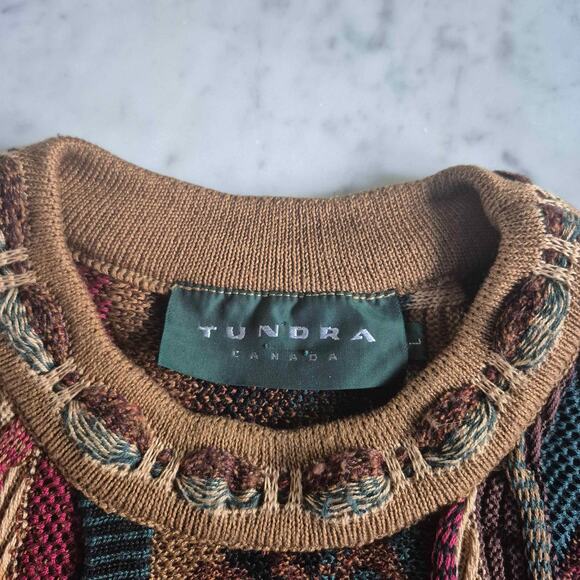 VTG TUNDRA Canada Sweater Crew Neck 3D Chunky Knit 90s Coogi Style Earthtones LG - Picture 2 of 11